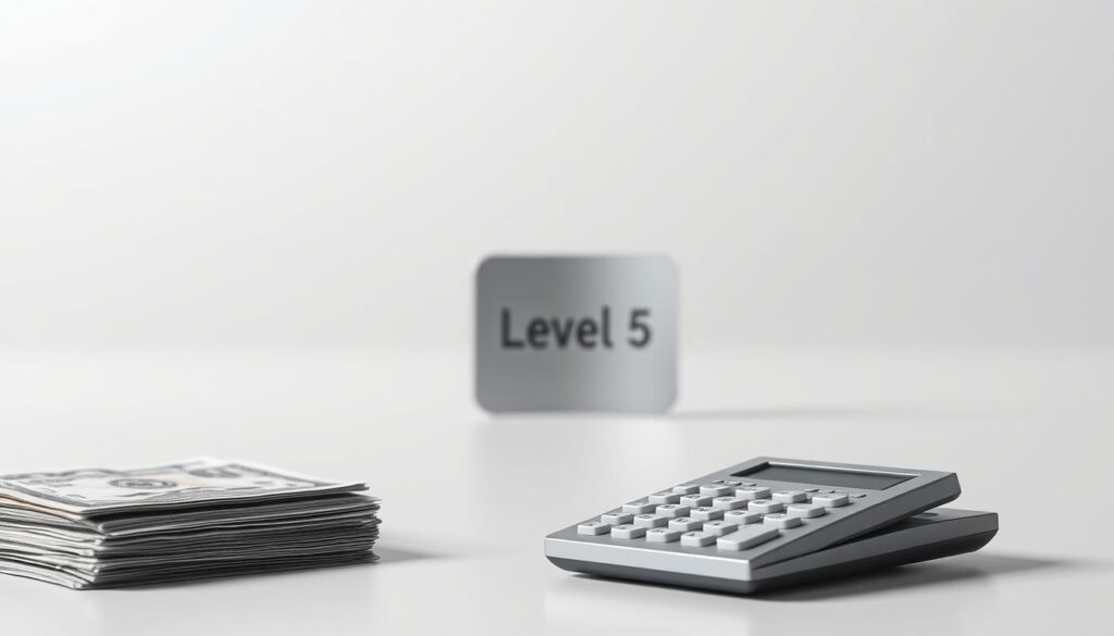 A modern, minimalist-style image depicting the financial costs associated with obtaining a Level 5 security license. In the foreground, a stack of currency notes and a calculator symbolize the monetary investment required. In the middle ground, a sleek, metallic security badge or ID card represents the certification itself. The background features a clean, monochromatic setting with subtle grid-like patterns, conveying a sense of structure and professionalism. The lighting is soft and balanced, creating a sophisticated, high-quality aesthetic. The overall mood is one of precision, attention to detail, and the importance of meeting stringent security standards.