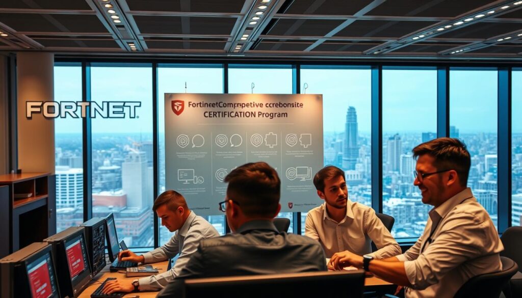 A modern training facility with sleek Fortinet branding. In the foreground, a group of professionals engaged in hands-on exercises with Fortinet networking equipment, their faces animated with focused determination. The middle ground features a large instructional display showcasing Fortinet's comprehensive certification program. In the background, floor-to-ceiling windows provide a panoramic view of a bustling urban skyline, conveying the integral role Fortinet plays in the digital landscape. Warm, even lighting illuminates the scene, creating a professional, educational atmosphere conducive to skill development and career advancement.