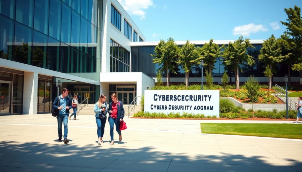 A modern university campus building with a sleek, contemporary design. The facade features large glass windows and clean lines, conveying a sense of technology and innovation. In the foreground, several students are walking across the campus, dressed in casual attire and engaged in discussion. The middle ground showcases the entrance to the cybersecurity degree program, with a prominent sign displaying the program's name. The background includes a lush, landscaped garden and a clear, blue sky, creating a serene and inviting atmosphere. The lighting is soft and evenly distributed, highlighting the architectural details and the students' interactions. The overall scene conveys a sense of academic excellence, technological advancement, and a thriving cybersecurity program.