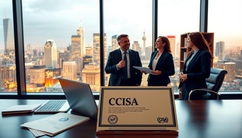 A professional corporate office setting with a large window overlooking a bustling city skyline. In the foreground, a desk with a laptop, papers, and a CISA certification prominently displayed. Behind it, an executive-style chair and a bookshelf filled with industry-relevant books. The middle ground features three people in business attire engaged in a discussion, their faces expressing excitement and confidence. In the background, the cityscape is illuminated by warm, golden lighting, conveying a sense of opportunity and growth. The overall scene suggests the career advancement and leadership potential unlocked by obtaining the CISA certification.