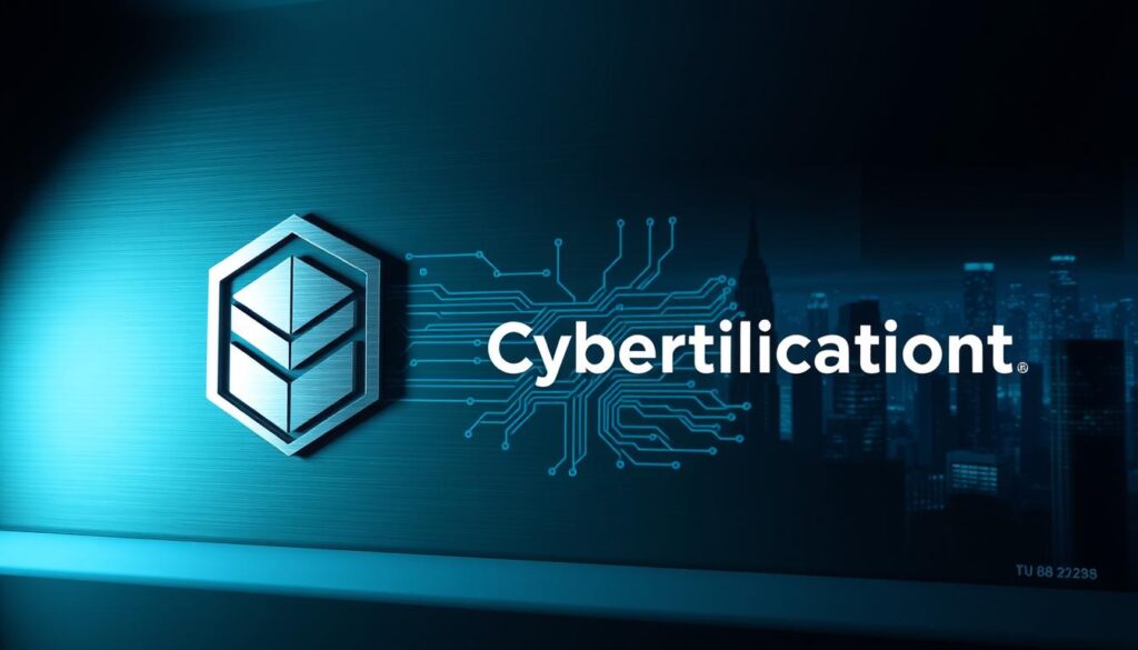 A professional cybersecurity certification in a sleek, minimalist design. In the foreground, a bold, geometric logo representing the certification credential, rendered in metallic silver against a backdrop of dark, brushed steel. In the middle ground, a clean, modern circuit board pattern in shades of blue and gray, conveying the technical expertise required. The background features a futuristic cityscape of skyscrapers and data centers, hinting at the importance of cybersecurity in the modern digital landscape. Soft, directional lighting casts dramatic shadows, creating depth and a sense of authority. The overall mood is one of sophistication, innovation, and the mastery of complex, high-stakes digital security challenges.