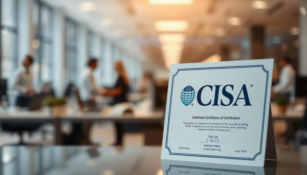 A professional-looking certification in the foreground, with a sleek, modern design and a clean, minimalist aesthetic. The CISA logo prominently displayed, conveying a sense of authority and expertise. In the middle ground, a blurred backdrop of a bustling office environment, suggesting the practical application of the certification in a corporate setting. Soft, warm lighting illuminates the scene, creating a polished and aspirational atmosphere. The overall composition strikes a balance between the technical details of the certification and the real-world context in which it holds value.