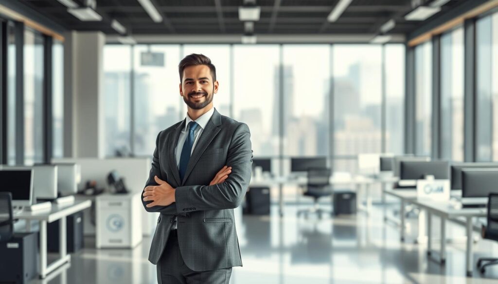A professional, polished image showcasing the career benefits of the CISA certification. Set in a modern, minimalist office environment, with a clear focus on the central figure. Crisp lighting from large windows, creating a sense of clarity and opportunity. The subject, a confident business professional, stands in the foreground, dressed in a well-tailored suit, exuding an air of authority and expertise. Behind them, a mid-ground filled with neatly organized workstations, desktop computers, and subtle corporate branding, conveying the trappings of a successful, technology-driven career. The background blurred but hinting at a bustling cityscape, suggesting the wider professional opportunities afforded by the CISA credential. The overall mood is one of ambition, growth, and the rewards of advanced certification.
