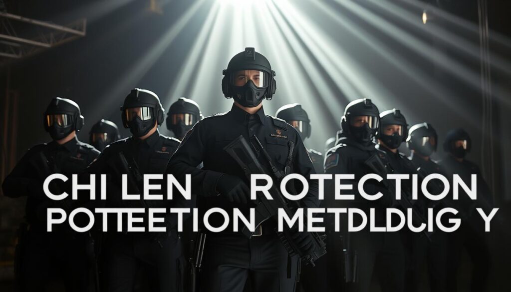 A professional tactical security team in meticulously tailored uniforms, equipped with advanced weaponry and protective gear, standing in a strategic formation. High-contrast shadows and beams of light slice through a darkened, industrial environment. The team projects an aura of disciplined control and unwavering readiness, conveying the essence of the Echelon Protection Methodology - a comprehensive security approach blending expert training, cutting-edge technology, and coordinated teamwork to safeguard against potential threats.