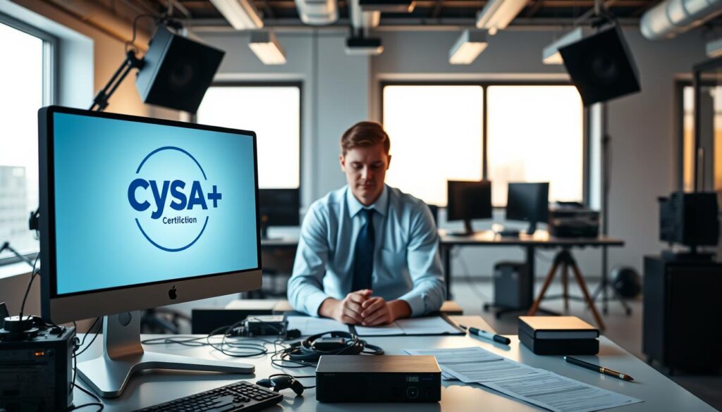 A professional, well-lit studio setting showcasing a CySA+ certification experience. In the foreground, a computer monitor displays the CySA+ logo, surrounded by various cybersecurity tools and devices. In the middle ground, a person in a button-down shirt and tie sits at a desk, deep in concentration as they study course materials and take practice exams. The background features a clean, modern office environment with large windows that let in warm, directional lighting, creating a sense of focus and professionalism. The overall mood conveys the rigor and expertise required to obtain the CySA+ certification.