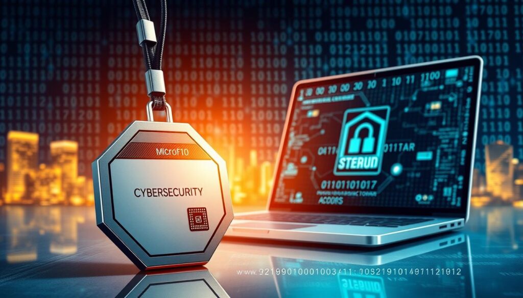A realistic cybersecurity certification depicted as a high-quality, detailed digital illustration. In the foreground, a hexagonal ID badge with a metallic finish, featuring a microchip and security hologram. The middle ground showcases a laptop with a futuristic, sleek design, displaying an authentication screen with a biometric scanner. In the background, a matrix of digital 1s and 0s against a backdrop of a cityscape, conveying the interconnected, tech-driven nature of cybersecurity. The lighting is dramatic, with a mix of cool and warm tones, creating a sense of authority and professionalism. The overall composition evokes the importance and prestige of a cybersecurity certification.
