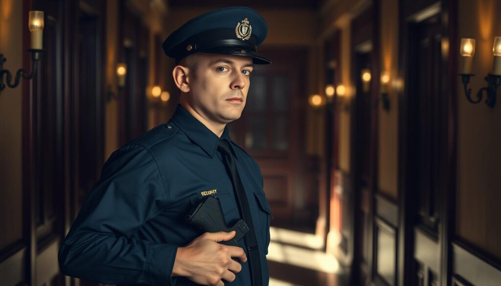 A security guard standing vigilantly in a dimly lit hallway, wearing a crisp, navy blue uniform and a peaked cap. The guard's expression is focused and alert, their hand resting on the holster of a tactical firearm. The hallway is lined with heavy wooden doors, casting long shadows that add a sense of tension and unease. Soft, warm lighting from sconces on the walls creates a moody, atmospheric scene, heightening the sense of responsibility and duty surrounding the security personnel.