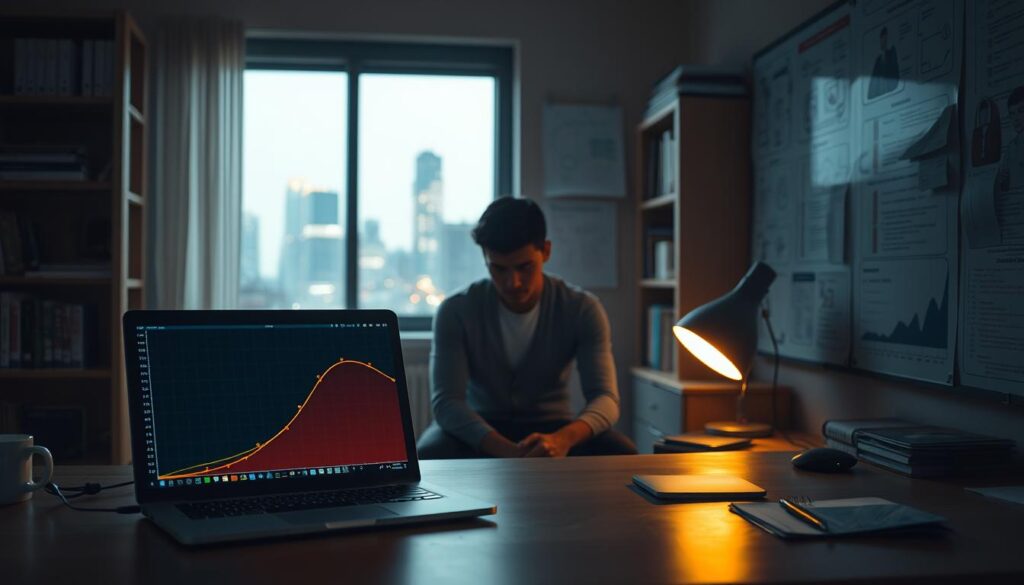 A serene, dimly lit cybersecurity workspace. In the foreground, a laptop displays a graph visualizing the learning curve, its peaks and valleys symbolizing the challenges and breakthroughs of mastering the field. Surrounding the desk, bookshelves and whiteboards filled with technical diagrams, coding snippets, and security protocols hint at the depth of knowledge required. The middle ground features a figure, seated in contemplation, their face partially obscured, representing the dedicated learner navigating the intricacies of cybersecurity. In the background, a window overlooks a cityscape, its bright lights and bustling activity a reminder of the dynamic, ever-evolving nature of the industry. Soft, warm lighting casts a reflective, almost meditative atmosphere, inviting the viewer to consider the patient, persistent effort needed to reach the pinnacle of cybersecurity expertise.