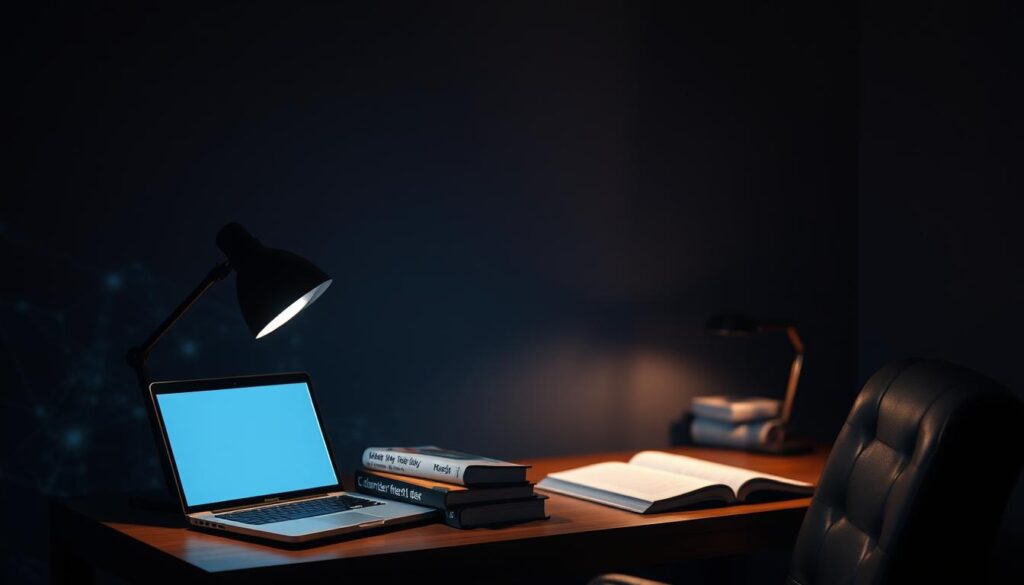 A serene, dimly lit study with a desk and chair, illuminated by the soft glow of a computer screen. On the desk, a laptop and textbooks on cybersecurity topics, hinting at the learning process. The background features abstract digital patterns, representing the interconnected, technological nature of the subject matter. Subtle light sources cast a warm, contemplative atmosphere, suggesting the focused, dedicated effort required to master cybersecurity over time.