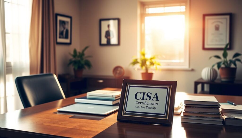 A serene office setting with a well-organized desk showcasing a laptop, books, and a CISA certification plaque. The room is bathed in warm, natural lighting from a large window, casting a cozy ambiance. A potted plant and a framed certificate hang on the wall, highlighting the accomplishment. The scene conveys a sense of professional pride and commitment to maintaining one's CISA certification through ongoing education and development.