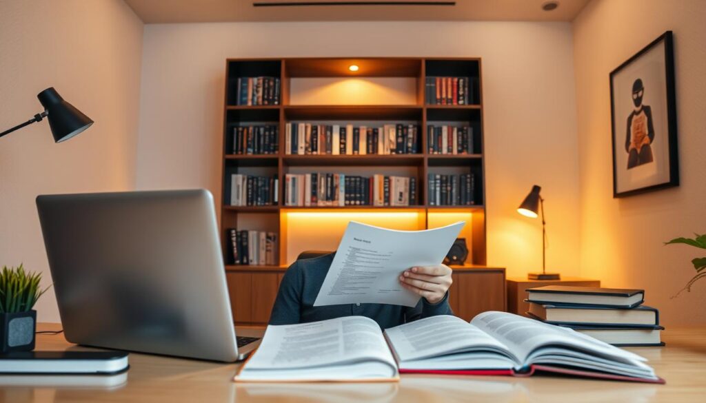 A serene study space with a desk, laptop, and textbooks, illuminated by soft, warm lighting. In the foreground, a person intently reviews course materials, absorbed in focused cybersecurity learning. In the middle ground, a bookshelf showcases cybersecurity-themed books and resources. The background depicts a minimalist, modern interior with clean lines and neutral tones, creating a calming, productive environment conducive to maximizing learning.