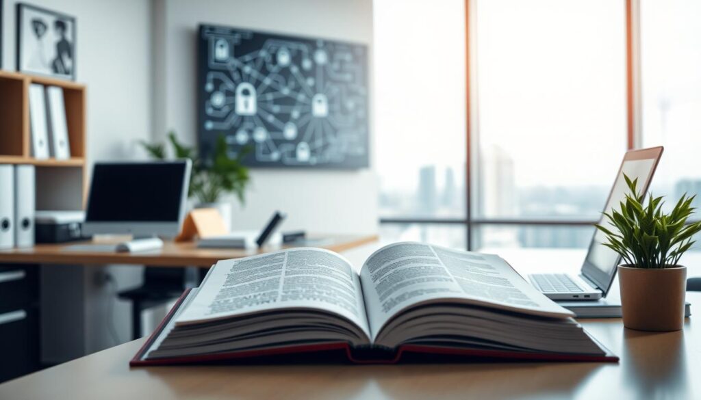 A serene, well-lit office interior with a desk, laptop, and various office supplies. In the foreground, an open book on information security management catches the attention. The middle ground showcases a wall-mounted display depicting a network diagram, highlighting the interconnected nature of security systems. The background features a large window overlooking a cityscape, conveying a sense of professionalism and technological sophistication. The overall atmosphere is one of diligence, order, and a focus on safeguarding sensitive information.