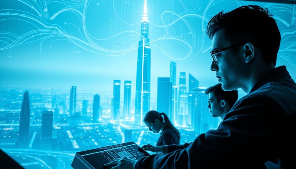 A sleek and sophisticated cyber training program unfolding across a futuristic digital landscape. In the foreground, a group of trainees immersed in interactive simulations, their faces illuminated by the glow of holographic displays. The middle ground features a towering data visualization, intricate lines and curves depicting the flow of information. In the background, a vast, ethereal cityscape of gleaming skyscrapers and pulsing networks, bathed in a cool, azure hue. Cutting-edge technology, precise lighting, and a sense of focused determination pervade the scene, creating an atmosphere of innovation and data-driven security.
