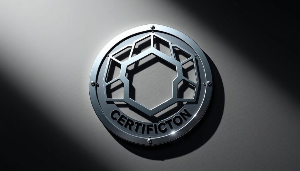 A sleek and sophisticated cybersecurity certification emblem, rendered in a 3D format with a metallic and chrome finish. The design features an abstract geometric pattern of interlocking hexagonal shapes, symbolizing the interconnected nature of modern digital security. Dramatic lighting casts dynamic shadows, creating a sense of depth and dimension. The overall aesthetic conveys a balance of technological prowess and professional credibility, suitable for displaying in the context of a career-focused article on the importance of cybersecurity certifications.