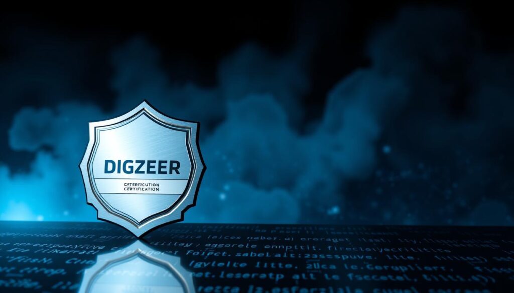 A sleek, futuristic cybersecurity certification badge, shimmering with a metallic finish, against a backdrop of a dark, technological landscape. The badge is positioned in the foreground, illuminated by cool, directional lighting that casts dramatic shadows, conveying a sense of authority and professionalism. In the middle ground, a grid of digital code cascades, hinting at the digital realm that the certification represents. The background is shrouded in a moody, atmospheric haze, suggesting the complexity and importance of cybersecurity in the modern, interconnected world.