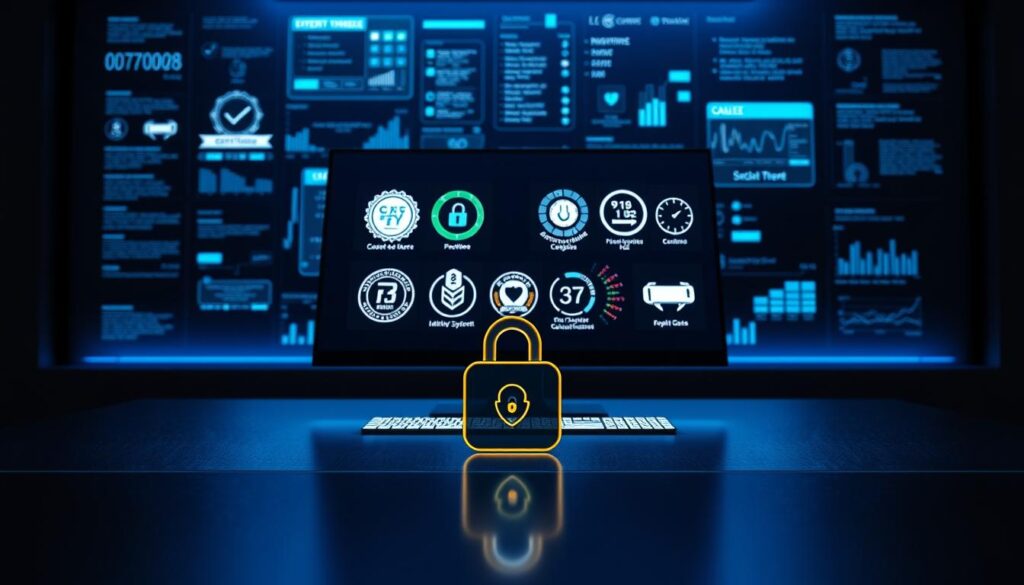 A sleek, futuristic desktop setup with various cybersecurity certification logos and badges prominently displayed on the screen. The desk is made of a smooth, reflective black material, casting a subtle glow. Behind the desk, a wall of holographic displays showcases real-time cyber threat data and security metrics. The lighting is a cool, blue-tinted hue, creating a professional and high-tech atmosphere. In the foreground, a stylized 3D representation of a security lock icon or a binary code pattern adds depth and visual interest to the scene.
