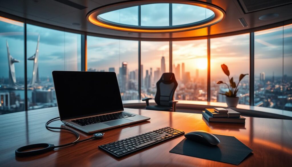 A sleek, futuristic office interior with large windows overlooking a cityscape. In the foreground, a polished wooden desk with a laptop, keyboard, and mouse. On the desk, various cybersecurity-themed objects such as a network cable, a security badge, and a cryptography book. The middle ground features an ergonomic office chair and a potted plant. The background showcases a panoramic view of a modern, high-rise skyline bathed in warm, golden lighting. The overall atmosphere conveys a sense of technological sophistication, professional success, and the lucrative nature of the cybersecurity field.