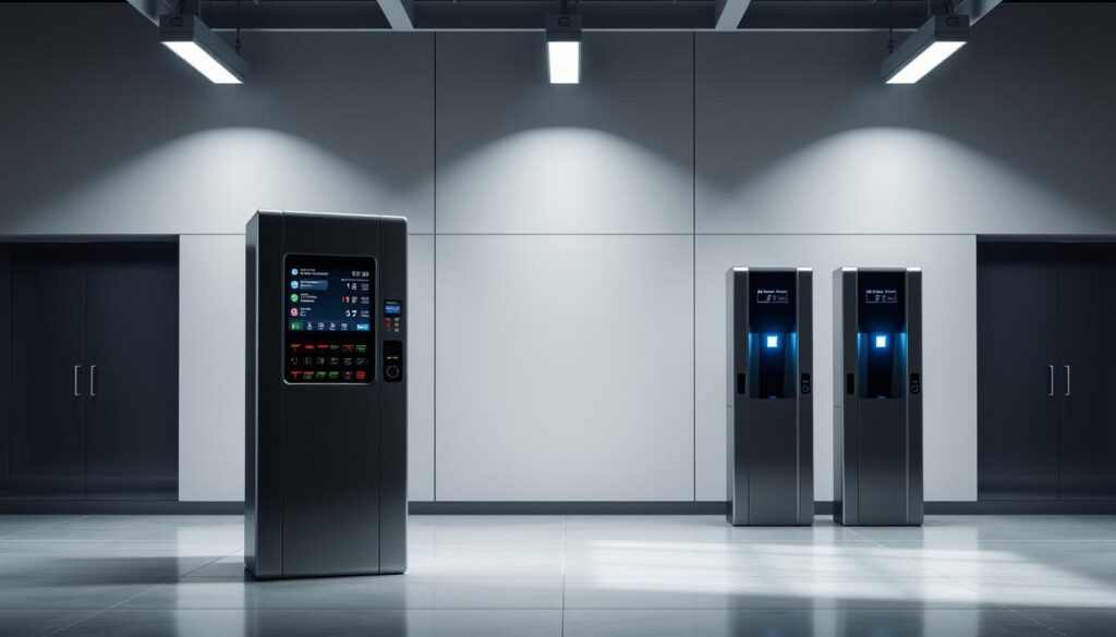 A sleek, metal security console stands prominently in the foreground, its intricate control panels and displays illuminated by soft, ambient lighting. In the middle ground, a pair of high-tech biometric scanners flank the console, their smooth, polished surfaces reflecting the overhead lighting. The background features a minimalist, industrial setting with clean, geometric lines and a sense of technological sophistication. The overall scene conveys a strong sense of power, security, and cutting-edge technology, perfectly suited for a Class 5 security solution.