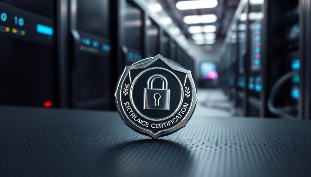 A sleek, metallic cybersecurity certification badge rests on a dark, textured surface, its edges gleaming under the soft, diffused lighting. The badge's intricate design features a stylized lock, symbolizing the secure and protected nature of the certification. In the background, a blurred, high-tech landscape of servers, cables, and digital displays creates a futuristic, tech-savvy atmosphere. The overall composition conveys a sense of professionalism, expertise, and the importance of cybersecurity in the digital age.