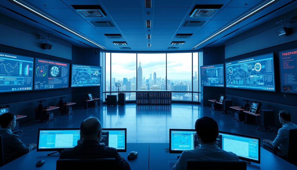 A sleek, modern cybersecurity control room, with multiple large screens displaying real-time threat assessments and network activity. The room is bathed in a soft blue glow, creating a calming yet focused atmosphere. In the foreground, a team of analysts intently monitoring the screens, their faces illuminated by the displays. Strategically placed security cameras and biometric scanners suggest tight physical and digital access controls. The middle ground features an impressive rack of high-performance servers and networking equipment, their blinking lights and fans creating a subtle, technological hum. In the background, a panoramic window overlooks a futuristic cityscape, symbolizing the connection between cybersecurity and the larger digital landscape.