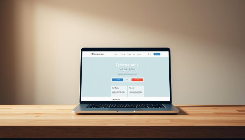 A sleek, modern laptop prominently displayed on a minimalist wooden desk, its screen showcasing an online learning platform's cybersecurity level 5 certificate course interface. The desktop is bathed in warm, soft lighting, creating a productive and inviting atmosphere. In the background, a seamless, abstract digital landscape subtly evokes the cyber realm, with subtle patterns and geometric shapes hinting at the technical complexity of the subject matter. The overall composition conveys a sense of professionalism, accessibility, and the opportunity to advance one's career through online certification.