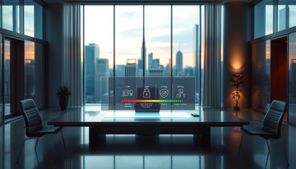 A sleek, modern office interior with a large desk and a sophisticated security monitoring system. The desk features a holographic display showing different security levels, from low to critical, with corresponding icons and data visualizations. Soft, indirect lighting casts a warm glow, creating a serious yet inviting atmosphere. The background features floor-to-ceiling windows overlooking a cityscape, emphasizing the importance of security in a high-stakes corporate environment. The overall composition conveys a sense of control, vigilance, and professionalism in assessing security requirements.