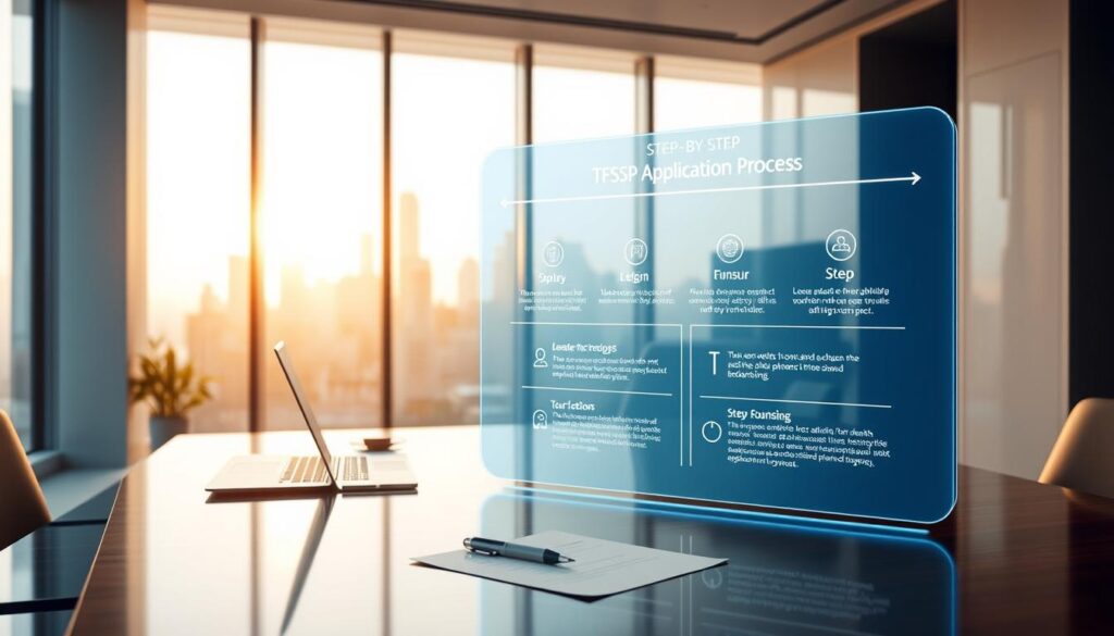 A sleek, modern office interior with a minimalist aesthetic. In the foreground, a glossy wooden desk with a laptop, documents, and a pen neatly arranged. Behind it, a large window overlooking a bustling city skyline, bathed in warm, golden light filtering through. On the desk, a holographic display projects the step-by-step "TFSSP Application Process" with crisp, informative graphics. The room is bathed in a soft, professional ambiance, conveying a sense of efficiency and attention to detail.