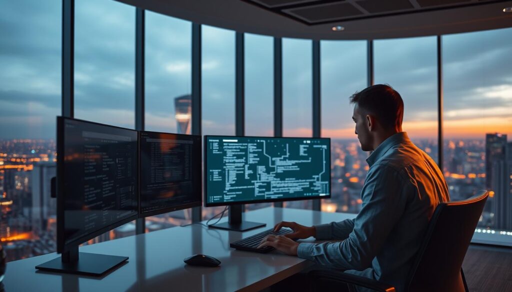 A sleek, modern office setting with a vast, panoramic window overlooking a bustling cityscape. In the foreground, a professional cybersecurity expert sits at a desk, intently focused on a large multi-monitor display, their hands moving swiftly across a keyboard. The office is filled with the glow of digital screens and the subtle hum of technology. Ambient lighting casts a warm, contemplative atmosphere, hinting at the intellectual challenge and importance of the work being performed. The scene conveys a sense of advanced technology, problem-solving, and the high-stakes nature of a cybersecurity career.