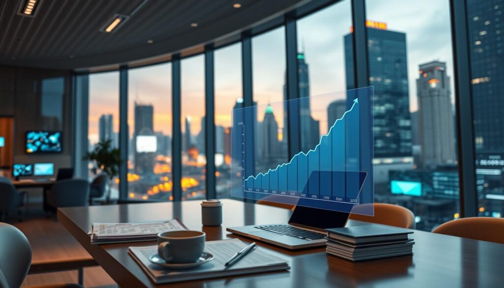 A sleek, modern office space with a large, curved glass window overlooking a vibrant city skyline. In the foreground, a professional-looking desk with a laptop, a stack of business documents, and a cup of coffee. On the desk, a holographic display shows a graph depicting the projected growth in cybersecurity salaries over the next few years. The lighting is a blend of natural daylight and subtle ambient lighting, creating a warm, productive atmosphere. The background is filled with the hum of technology, with various digital screens and devices visible, all contributing to the sense of a thriving, high-tech environment.