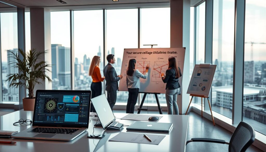A sleek, modern office space with floor-to-ceiling windows, bathed in warm, soft lighting. In the foreground, a desk with a laptop, tablet, and various cybersecurity tools, including a security dashboard displaying real-time threat analytics. In the middle ground, a team of professionals collaborating on a large, interactive whiteboard, mapping out a comprehensive cybersecurity implementation strategy. The background features a serene cityscape, symbolizing the secure and resilient digital infrastructure powering the business. The overall atmosphere conveys a sense of professionalism, innovation, and a steadfast commitment to safeguarding the organization's digital assets.