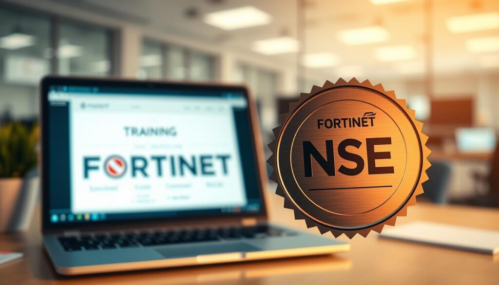 A sleek, professional-looking Fortinet NSE certification badge hovers in the foreground, its metallic surface catching the warm light of the scene. In the middle ground, a laptop display showcases a Fortinet training module, the interface clean and intuitive. The background features a blurred office environment, suggesting a dedicated workspace for self-paced learning and exam preparation. The overall mood is one of focus, productivity, and a sense of achievement in the pursuit of Fortinet certification.