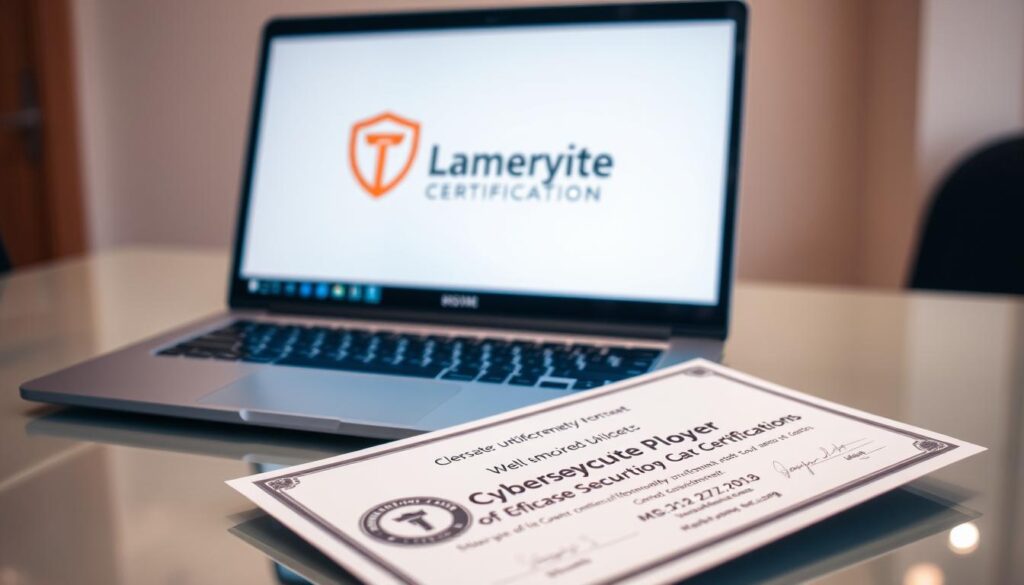 A sleek, professional-looking laptop rests on a glossy desk, its screen displaying the logo and branding of a well-known cybersecurity certification program. The laptop's screen is illuminated with a warm, soft glow, casting a subtle hue across the surrounding workspace. In the foreground, a certificate bearing the certification's official seal lies prominently, signifying the prestige and accomplishment of its holder. The background is subtly blurred, allowing the laptop and certificate to take center stage, drawing the viewer's attention to the core focus of the image - the cybersecurity certification and its importance in the field of information security.