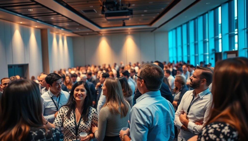 A sophisticated auditorium filled with CISA professionals, gathered for a networking event. In the foreground, a group of colleagues engaged in lively discussions, their faces animated with enthusiasm. In the middle ground, rows of attendees listening intently to a presenter, the warm glow of stage lighting casting a professional ambiance. The background is a sleek, modern venue with clean architectural lines and large windows, allowing natural light to filter in. The overall mood is one of collaboration, knowledge-sharing, and a shared sense of purpose in the field of IT auditing.