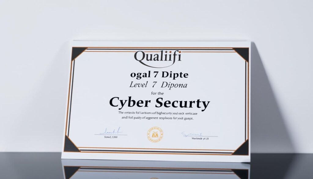 A sophisticated diploma certificate with a sleek, modern design against a clean, minimalist background. The certificate features a prominent "Qualifi Level 7 Diploma Cyber Security" title in a bold, sans-serif font, along with a subtle watermark pattern in the background. The certificate is displayed in a slightly tilted, three-quarter view, highlighting its intricate details and reflections. The lighting is soft and directional, creating depth and emphasizing the textures and materials used, such as embossed lettering, foil stamping, and high-quality paper. The overall mood is one of professionalism, credibility, and academic excellence, reflecting the high-level nature of the cyber security diploma.