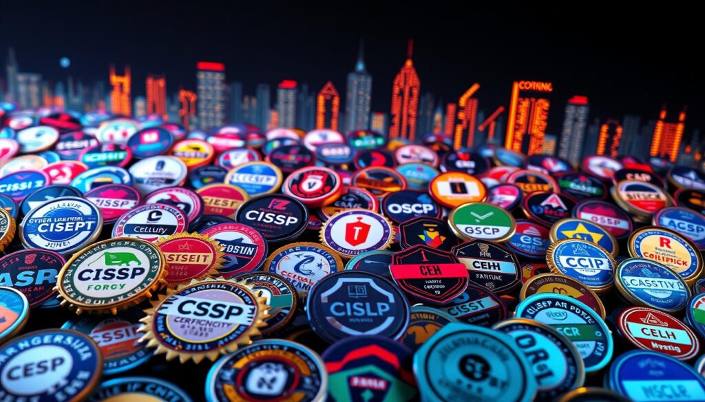 A sprawling array of cybersecurity certification badges arranged in a dynamic, three-dimensional composition. The foreground features prominent certifications like CISSP, CEH, and OSCP, rendered in crisp detail with vivid colors and intricate textures. The middle ground showcases a range of other certifications floating in a matrix-like formation, creating a sense of depth and complexity. In the background, a futuristic, wireframe cityscape with glowing neon accents suggests the digital landscape in which these certifications hold significance. Dramatic, high-contrast lighting casts strategic shadows, lending a sense of depth and emphasizing the certifications' prominence. The overall mood is one of technological sophistication, professional expertise, and the ever-evolving nature of the cybersecurity field.