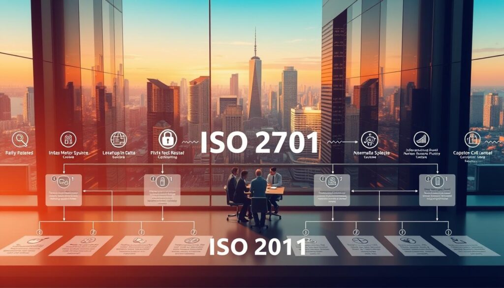 A sprawling, meticulously detailed illustration of the ISO/IEC 27001 certification process. The foreground features a series of streamlined, interconnected steps, each represented by crisp, technical diagrams and icons. The middle ground showcases a team of professionals in business attire, collaborating intently around a conference table, against a backdrop of sleek, modern office architecture bathed in warm, directional lighting. In the distant background, a cityscape of towering skyscrapers symbolizes the global, enterprise-level context of this information security management system certification. The overall atmosphere conveys a sense of rigor, professionalism and organizational excellence.