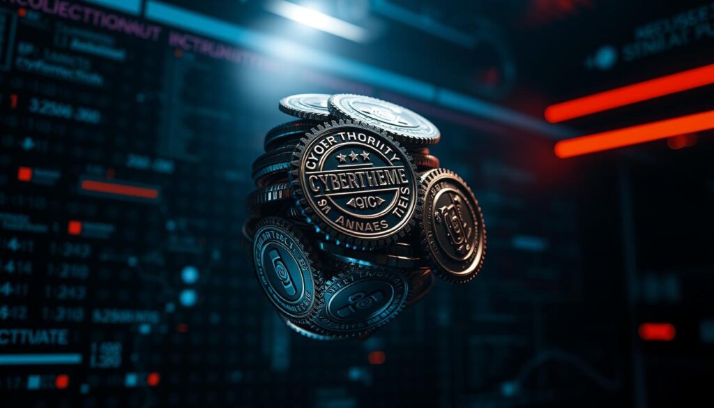 A stack of cybersecurity certification badges and emblems floating in a dimly lit, high-tech environment. The badges are depicted with intricate details, metallic textures, and subtle reflections, conveying a sense of prestige and accomplishment. The background features a blurred matrix of digital data, grid lines, and subtle neon accents, creating an atmosphere of technological sophistication. Dramatic backlighting casts dramatic shadows, emphasizing the depth and dimensionality of the scene. The overall composition is balanced and visually striking, effectively capturing the challenge and significance of attaining top-tier cybersecurity certifications.