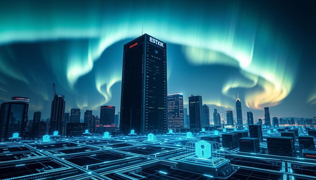 A striking, futuristic cityscape at night, with a towering data center at the center, its architecture a blend of sleek glass and steel. The night sky is illuminated by a stunning aurora borealis, casting an ethereal glow upon the scene. In the foreground, a secure network of interconnected servers and cloud platforms, their activity represented by a mesmerizing display of digital pulses and encrypted data streams. The composition emphasizes the scale, complexity, and technological sophistication of modern cloud security infrastructure, conveying a sense of both power and vulnerability. The lighting is dramatic, with strong shadows and highlights accentuating the angular, high-tech aesthetic. The overall mood is one of awe-inspiring, cutting-edge technology safeguarding the digital landscape.