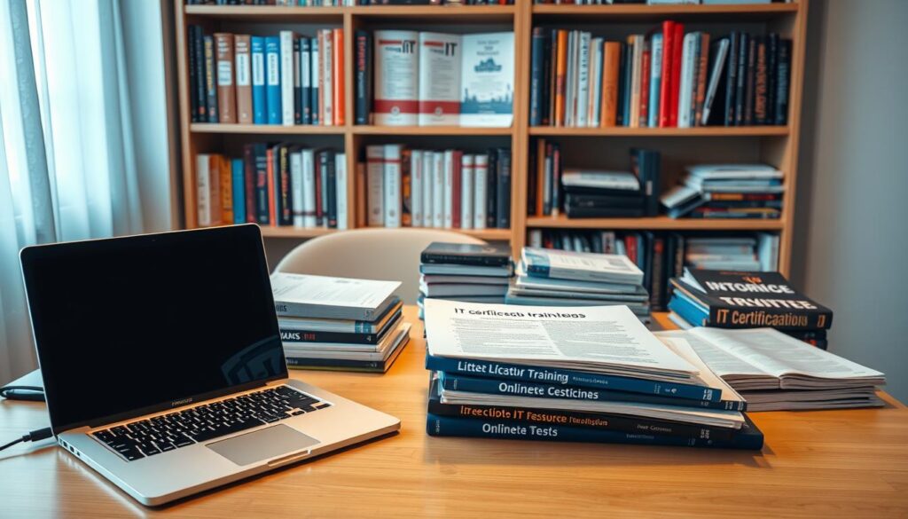 A study desk with a laptop, textbooks, and various IT certification training materials, such as manuals, practice tests, and online course resources. The desk is well-lit, with a warm, inviting atmosphere. The materials are neatly organized, suggesting a focused and methodical approach to learning. In the background, a bookshelf showcases a collection of IT-related books and certifications, hinting at the depth of knowledge required for a successful IT career. The overall scene conveys a sense of diligence, dedication, and the essential resources needed to embark on an IT certification journey.