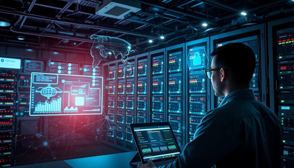 A vast, interconnected network of servers, routers, and firewalls stands as a formidable fortress, protecting sensitive data from malicious intrusion. In the foreground, a network administrator monitors a sleek, high-resolution dashboard, scanning for any signs of vulnerability or threat. Soft, ambient lighting illuminates the scene, casting a warm, reassuring glow over the meticulously designed system. In the background, a collage of abstract data visualizations and network topologies hint at the complexity and scale of the network's inner workings, while a sense of order and control permeates the entire image. The overall atmosphere conveys a powerful, yet elegant impression of network security - the first line of defense against the ever-evolving cyber threats of the digital age.