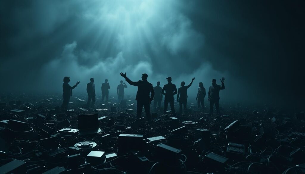 A vast, shadowy landscape of cybersecurity skills shortage. In the foreground, a jumble of digital devices and code fragments, representing the growing complexity of technology. The middle ground depicts silhouettes of frustrated IT professionals, their hands outstretched, symbolizing the urgent need for skilled talent. The background is shrouded in a hazy, ominous atmosphere, hinting at the dire consequences of this skills gap. Dramatic lighting casts dramatic shadows, emphasizing the gravity of the situation. A moody, cinematic composition captures the overwhelming challenge facing the cybersecurity industry.