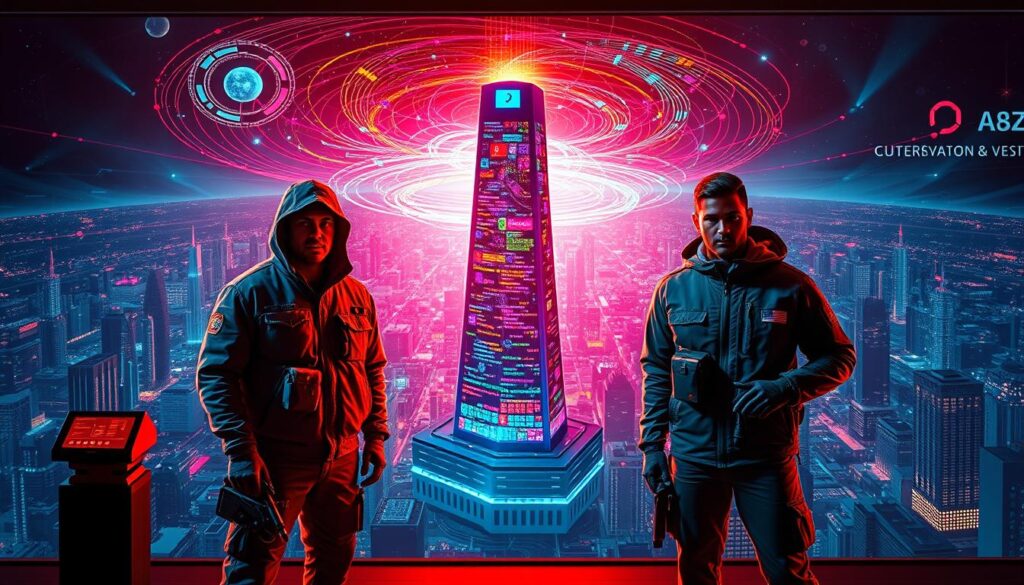 A vibrant, colorful scene depicting various cybersecurity specializations. In the foreground, a trio of cybersecurity professionals stands resolute, each adorned in distinctive uniforms and holding specialized equipment like firewalls, encryption tools, and network analysis software. In the middle ground, a towering visualization of data flows and network topologies, pulsing with neon-hued activity. In the background, a sprawling cityscape with skyscrapers and data centers, surrounded by a swirling vortex of digital information. The scene is illuminated by a dramatic lighting setup, casting dramatic shadows and highlights that accentuate the high-tech, futuristic atmosphere. The overall mood is one of technological prowess, innovation, and the multifaceted nature of modern cybersecurity.