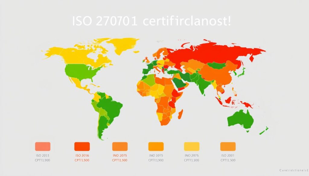 A vibrant, data-driven infographic depicting the regional cost variations for ISO 27001 certification. Set against a clean, minimalist background, the image features a world map with clearly delineated regions. Each region is color-coded to represent the average certification cost, ranging from deep green for the most affordable to vivid red for the most expensive. The data is presented in a clear, easy-to-interpret manner, with subtle gradients and crisp, high-resolution graphics. The overall composition is balanced, with plenty of negative space to allow the information to shine. The lighting is soft and diffused, creating a professional, authoritative atmosphere suitable for a business-focused article.