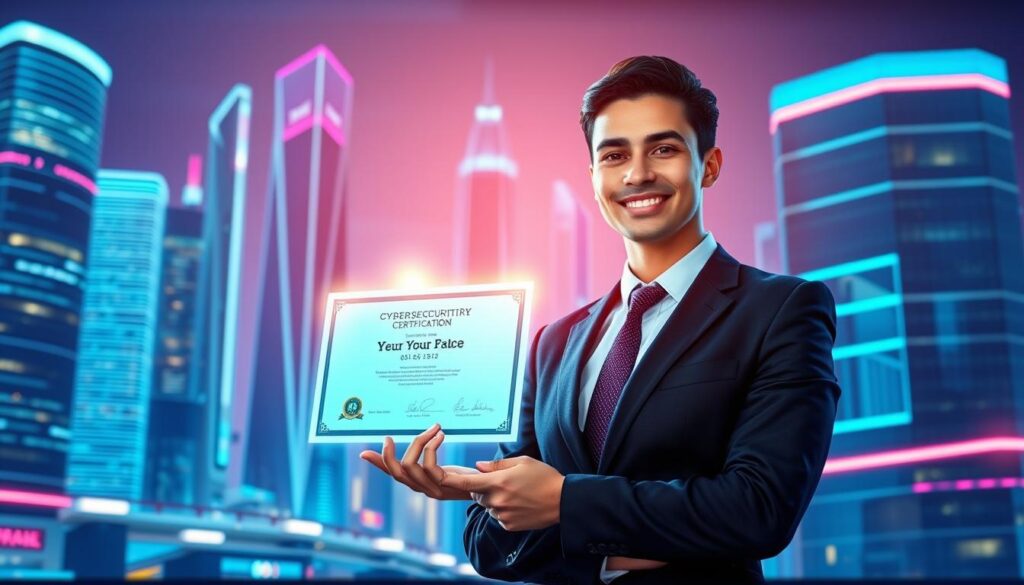 A vibrant, futuristic cityscape with sleek, high-rise buildings in the background. In the foreground, a person in a business suit stands confidently, holding a cybersecurity certification in their hand. The certification emits a soft, holographic glow, illuminating their face with a sense of pride and achievement. The lighting is a blend of cool, neon tones and warm, natural sunlight, creating an atmosphere of technological innovation and personal growth. The scene conveys the benefits of earning a cybersecurity certification: enhanced career opportunities, increased earning potential, and the confidence to tackle complex digital challenges.