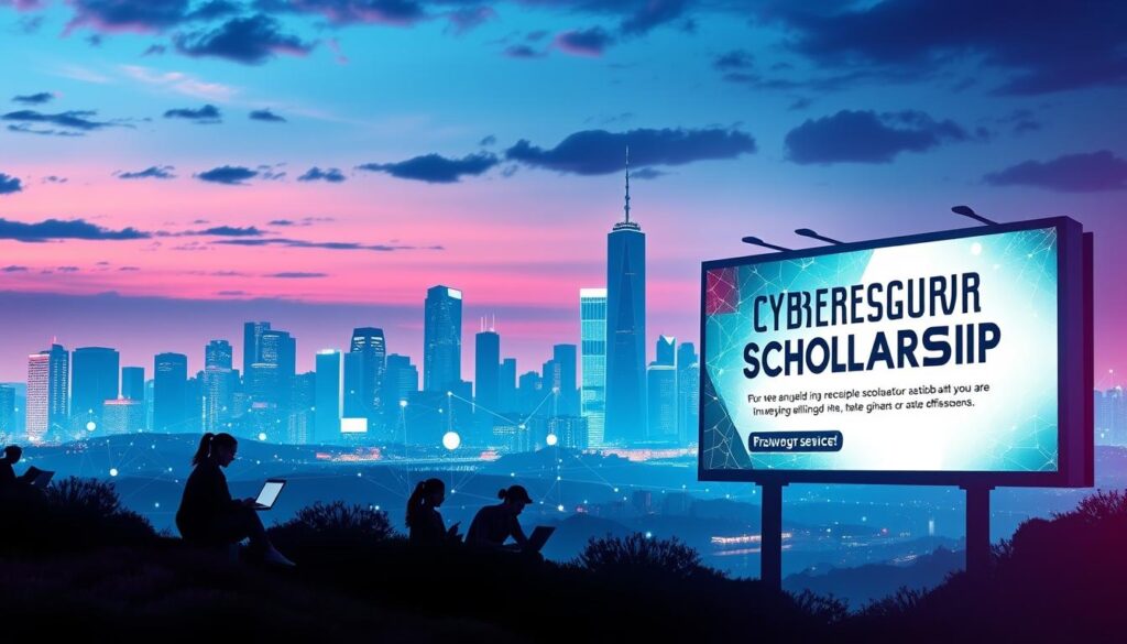 A vibrant, futuristic landscape with a striking cybersecurity-themed scholarship billboard in the foreground. The billboard features a sleek, minimalist design with dynamic graphics and a captivating call-to-action. In the middle ground, silhouettes of students work on laptops, surrounded by a network of glowing digital lines and geometric shapes. The background is a city skyline, bathed in a cool, neon-tinged glow, symbolizing the convergence of technology and education. The overall mood is one of innovation, opportunity, and the transformative power of cybersecurity knowledge.