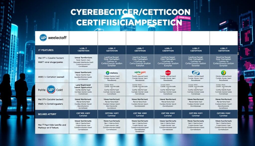 A vibrant, high-contrast cybersecurity certification comparison chart, showcasing the key features and details of various industry-leading certifications. The foreground should feature a clean, minimalist layout with distinct sections for each certification, highlighting their logos, names, and core competencies. The middle ground could depict silhouettes of IT professionals evaluating the certifications, creating a sense of deliberation and decision-making. In the background, a futuristic cityscape with neon-lit skyscrapers and data streams should convey the dynamic, tech-savvy environment in which these certifications are sought after. Lighting should be directional, casting dramatic shadows and emphasizing the certifications' visual hierarchy. The overall tone should feel authoritative, informative, and visually compelling, inspiring viewers to explore the subject matter further.