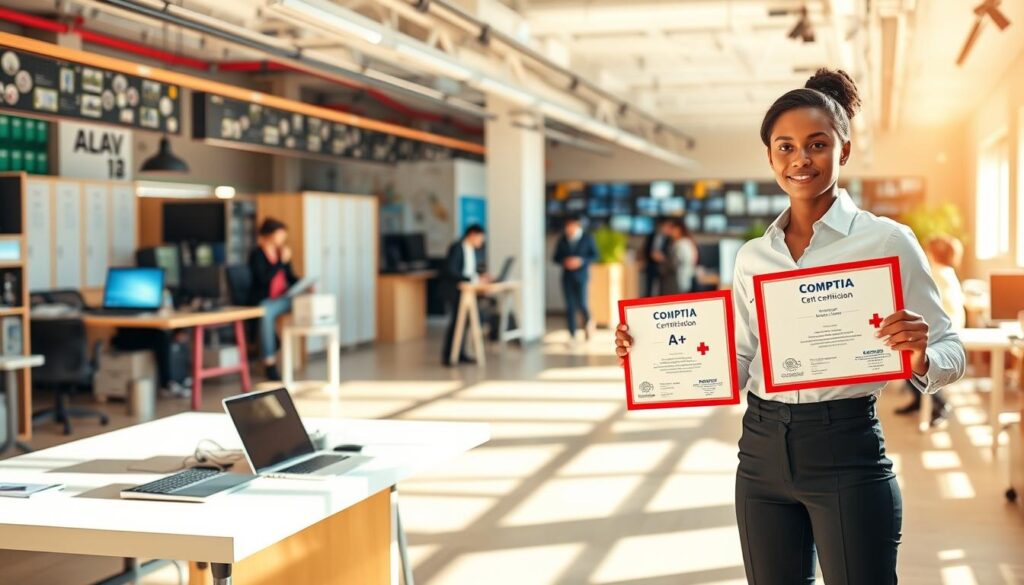 A vibrant illustration of a CompTIA certification career progression, showcasing a dynamic pathway through various IT roles. In the foreground, a professional stands confidently, CompTIA A+ certification in hand, symbolizing the foundational knowledge gained. In the middle ground, a computer desk with a laptop and array of networking devices represents the diverse skills acquired. The background features a bustling office environment, with colleagues collaborating and devices seamlessly integrated, reflecting the depth of expertise needed to excel in the industry. The scene is illuminated by warm, natural lighting, conveying a sense of optimism and growth. Captured with a wide-angle lens, the composition emphasizes the interconnected nature of the IT landscape and the opportunities that unfold with a CompTIA A+ certification.