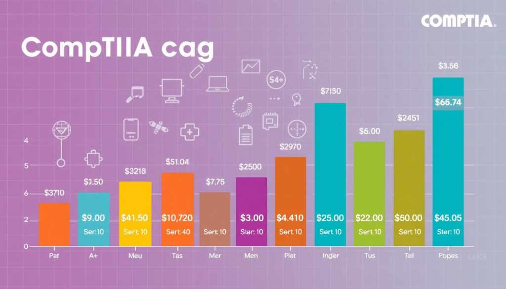 A vibrant infographic displaying the potential salary ranges for various CompTIA certifications. The foreground features a sleek, professional-looking chart with distinct colored bars representing the average salaries for CompTIA A+, Network+, Security+, and other popular certifications. The middle ground shows stylized icons and symbols related to IT careers and professional development. The background has a minimalist yet sophisticated design, with subtle grid patterns and clean geometric shapes that create a sense of structure and organization. The overall composition conveys the value and earning potential of obtaining CompTIA certifications, with a polished, data-driven aesthetic that aligns with the subject matter.
