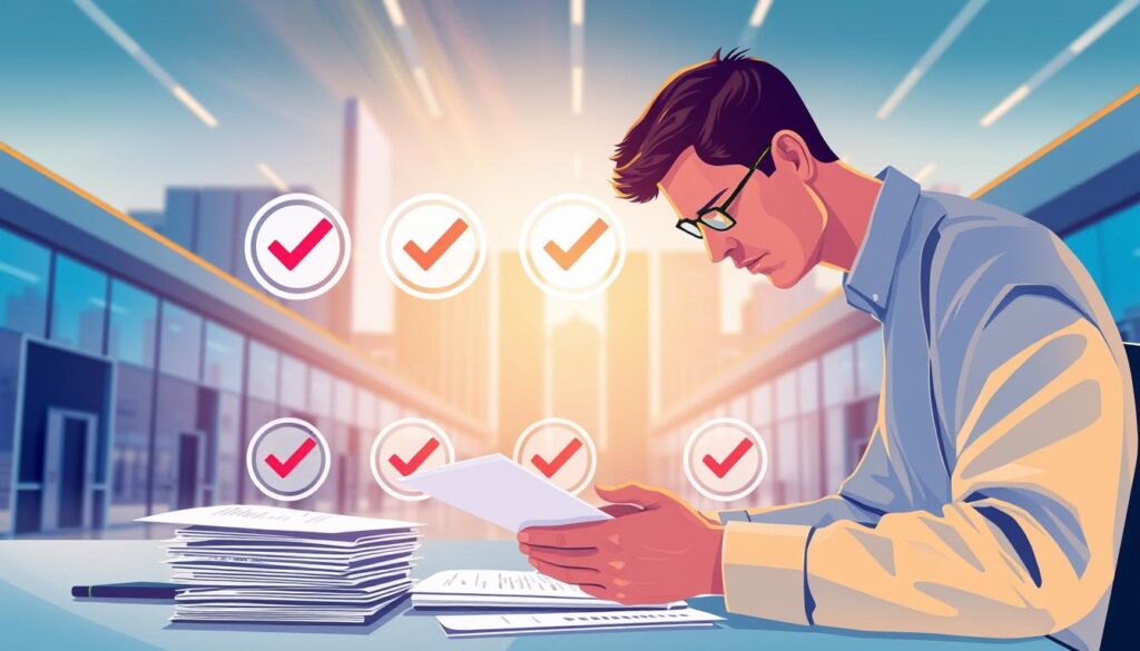 A vibrant, meticulously rendered illustration depicting the CISA experience verification process. In the foreground, a person diligently compiling documents and records, conveying the rigor and attention to detail required. The middle ground showcases a series of checkmarks and seals, symbolizing the verification steps. In the background, a backdrop of sleek, modern architecture and technology, hinting at the professional, high-stakes nature of the CISA certification. The overall scene is bathed in a warm, authoritative lighting, reflecting the importance and gravity of the process. Subtle textures and photorealistic elements lend an air of authenticity to the image.