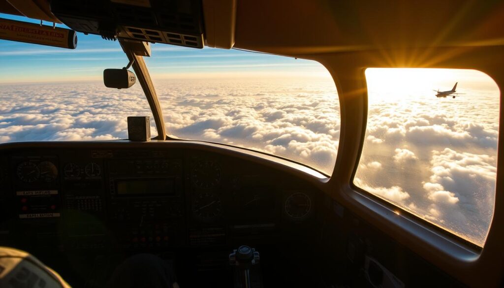 A well-lit, aerial cockpit interior with a pilot's-eye view of the controls and instrumentation. The dashboard features an array of toggles, buttons, and displays, illuminated with a soft, warm glow. Sunlight streams through the windshield, casting a golden hue across the scene. In the background, a vast, cloud-dotted sky stretches out, hinting at the expansive training routes and maneuvers to be mastered. The overall atmosphere conveys a sense of focus, discipline, and the thrill of taking to the skies.
